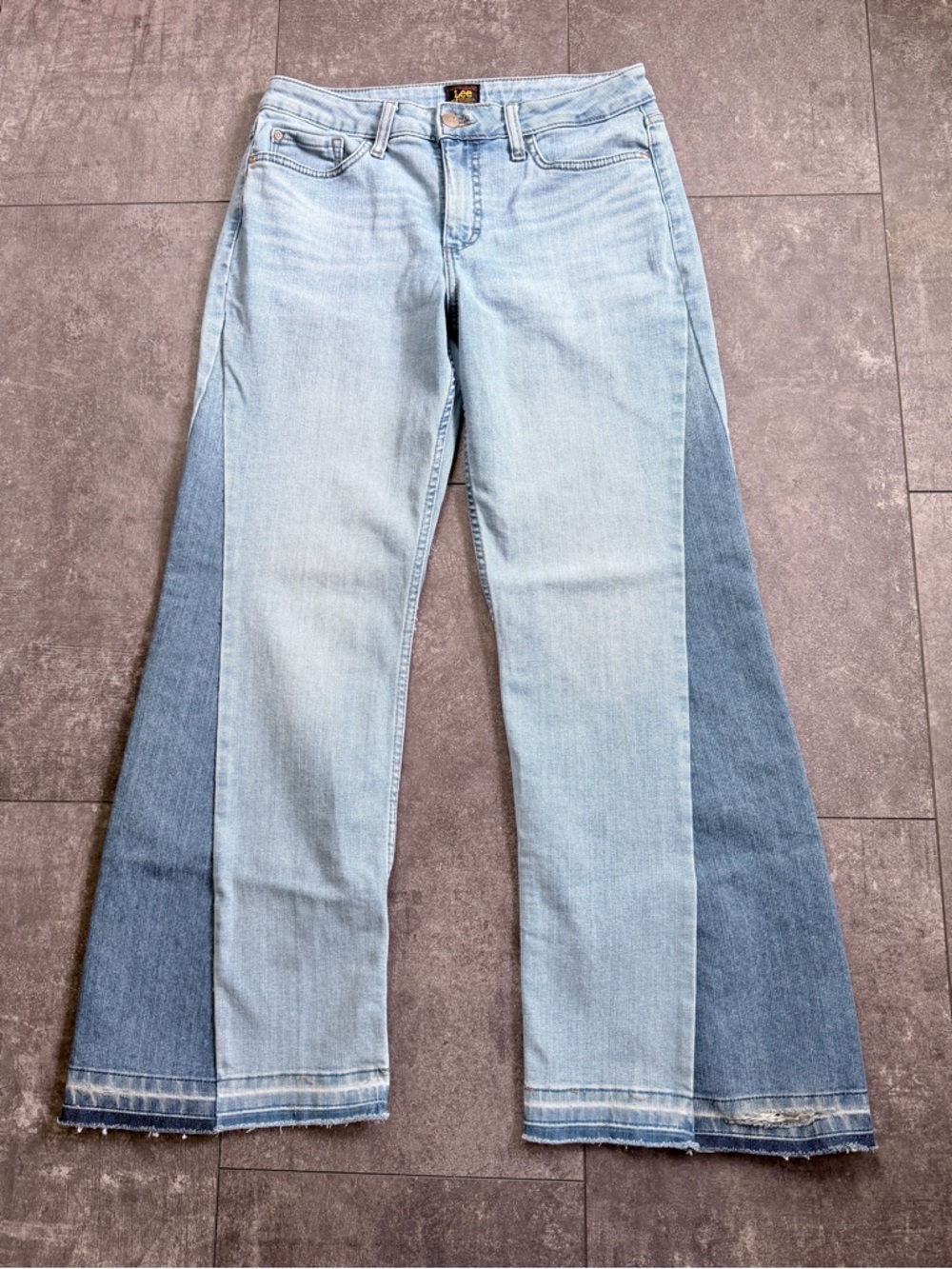 Vintage Upcycled LEE denim patchwork jeans Wide Flare Leg Boyfriend Jeans sz 30